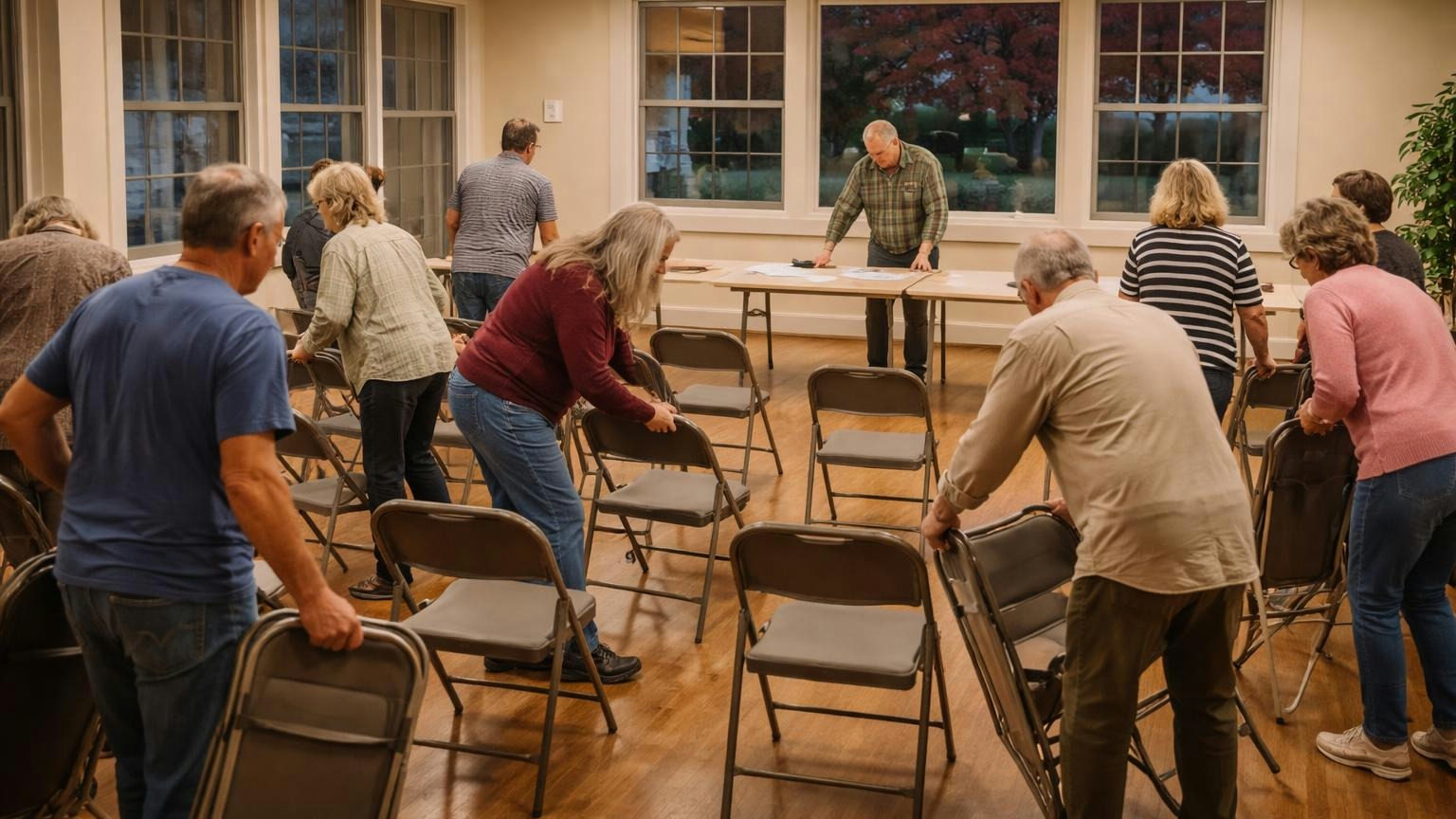 **Once a year, by law.** The annual meeting elects the board, and members with ten percent of the votes can call another. Neighbors of mixed ages taking folding chairs in a community room on a weekday evening, a board member arranging a table at the front