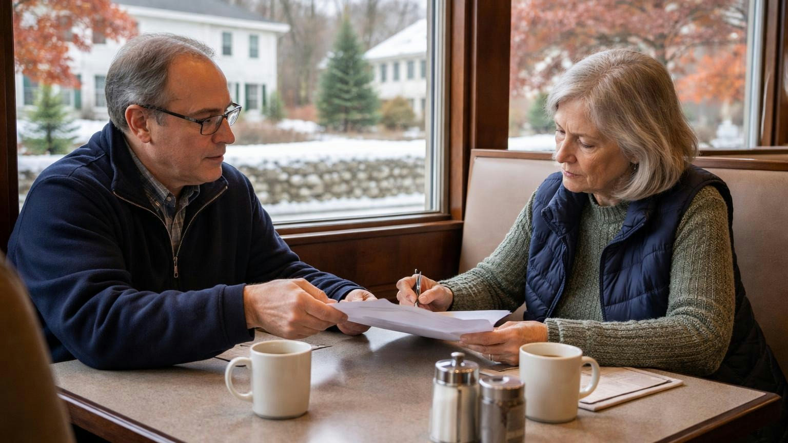 **Two signatures, not an auditor.** New York lets the president and treasurer verify the annual report. A board president and treasurer in a diner booth on a winter morning, one passing a single sheet across to the other to sign, coffee cups between them