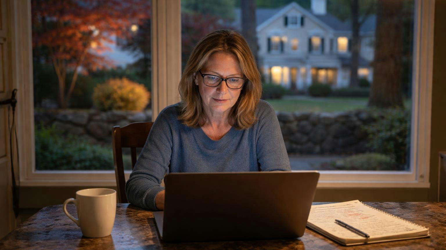 **Unanimous, or it waits.** A New York board can act without a meeting only if every director consents, in writing or electronically. A board member at her kitchen table on a weeknight video meeting, her laptop screen a soft glow, a mug and a notepad of loose pen strokes beside her