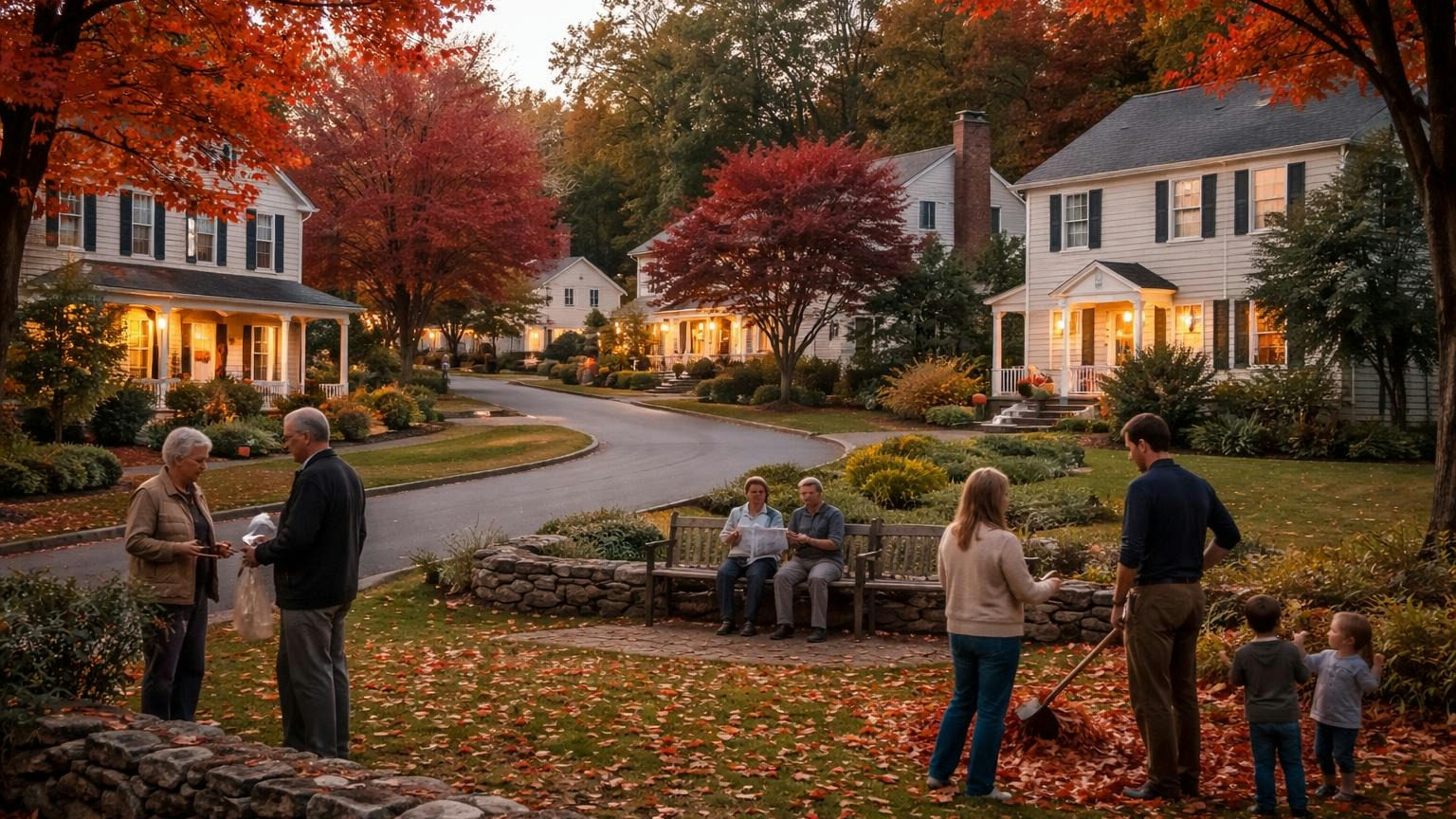 **Two laws, one question.** Corporation or condominium: your certificate and declaration decide which New York rules your board follows. Colonial-style single-family homes on a curving New York suburban street in autumn, red maples and a small shared green with a bench, porch lights coming on at dusk