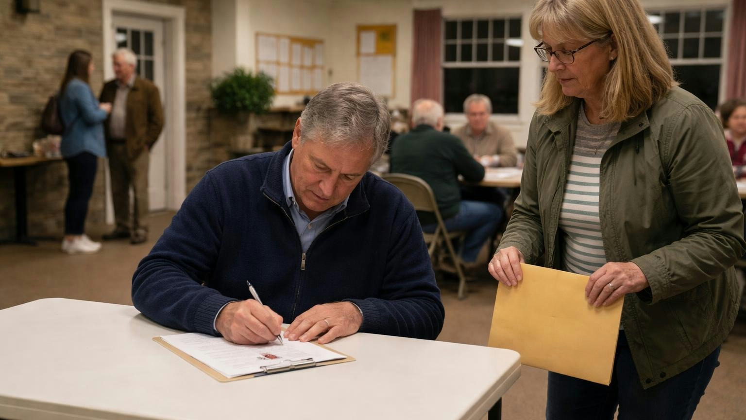 **Ninety days, in large type.** A New York condominium board warns the owner in 14-point type before it forecloses. A board president signing a single sheet at a clubhouse folding table on a weeknight while the secretary holds a plain manila envelope ready