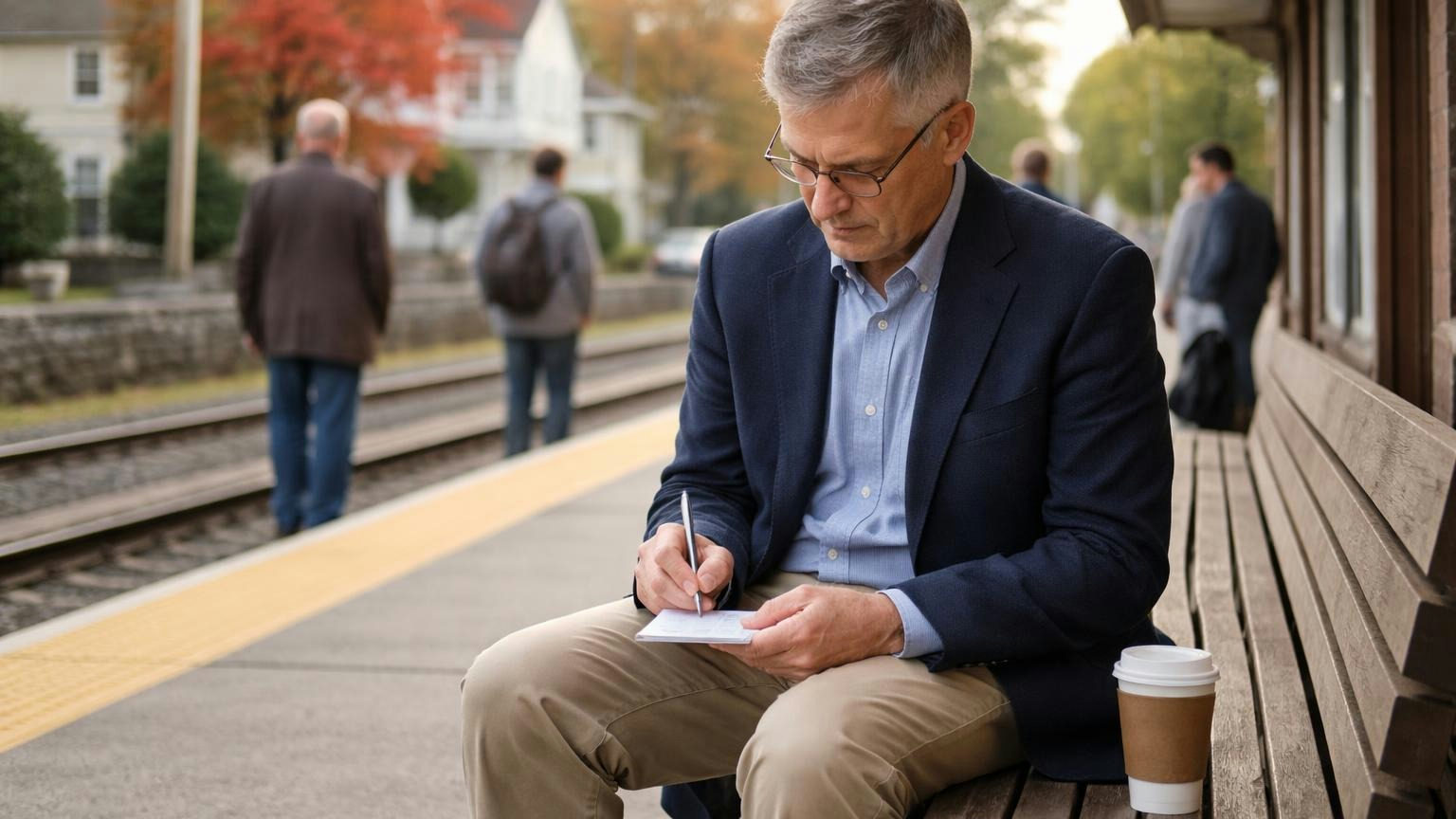 **Four boxes this week.** Start with the certificate of incorporation: it tells you which New York law you answer to. A board member waiting on a commuter rail platform on a weekday morning, ticking empty boxes on a small blank card, his coffee on the bench beside him