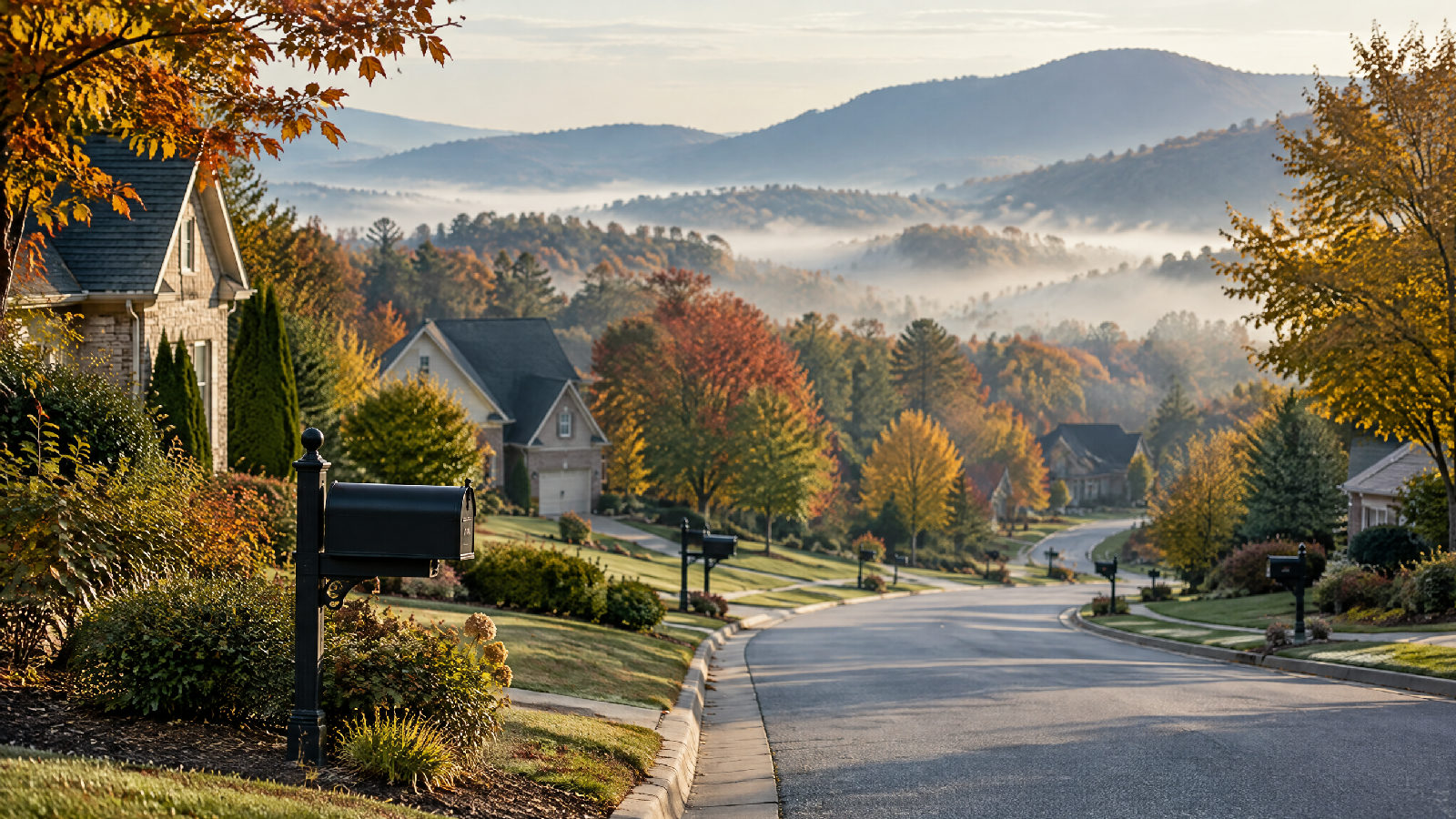 A North Carolina neighborhood among autumn trees in morning mist