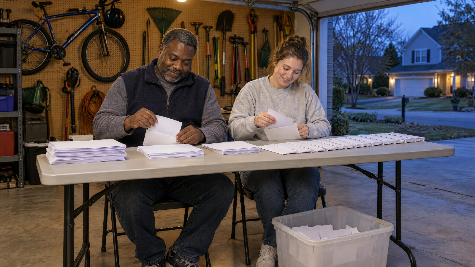 **Notice that reaches every lot.** Notice of every meeting can be hand-delivered, mailed to each lot's address, or sent electronically. Two board members in an open garage at dusk folding papers into a long row of envelopes, a mail tub at their feet