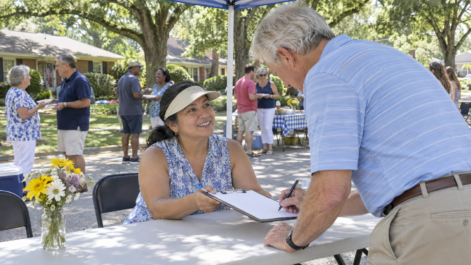 **Opting in takes the owners.** An older community can make Chapter 47F apply by the vote or written agreement of its owners. A board member at a folding table at a street block party holding out a clipboard while a neighbour leans over to sign
