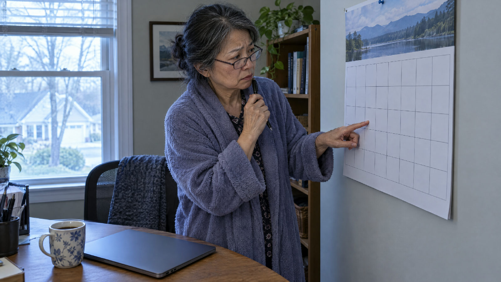 **Calendar problems, not judgment calls.** None of these duties is a judgment call that needs a license; they fail because no one owns making sure they happen. A board member at a paper wall calendar in her home office early in the morning, counting across the blank squares with one finger
