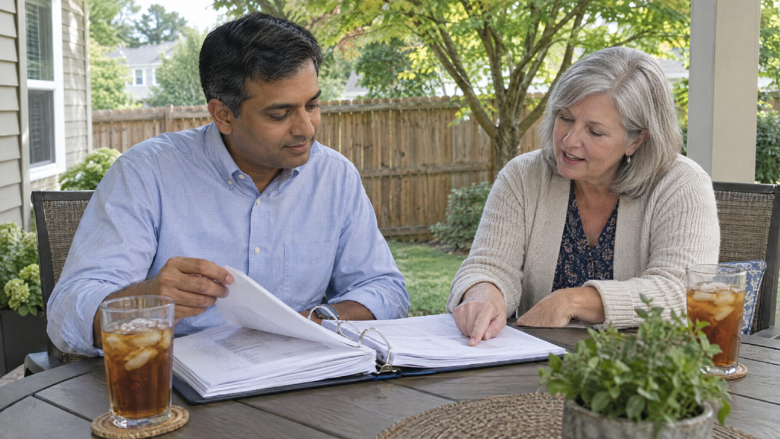 **Open to any lot owner.** The association's financial and meeting records are available for inspection by any owner or their authorized agent. A homeowner turning the pages of a thick binder at a back patio table while the board treasurer sits across, pointing to a page