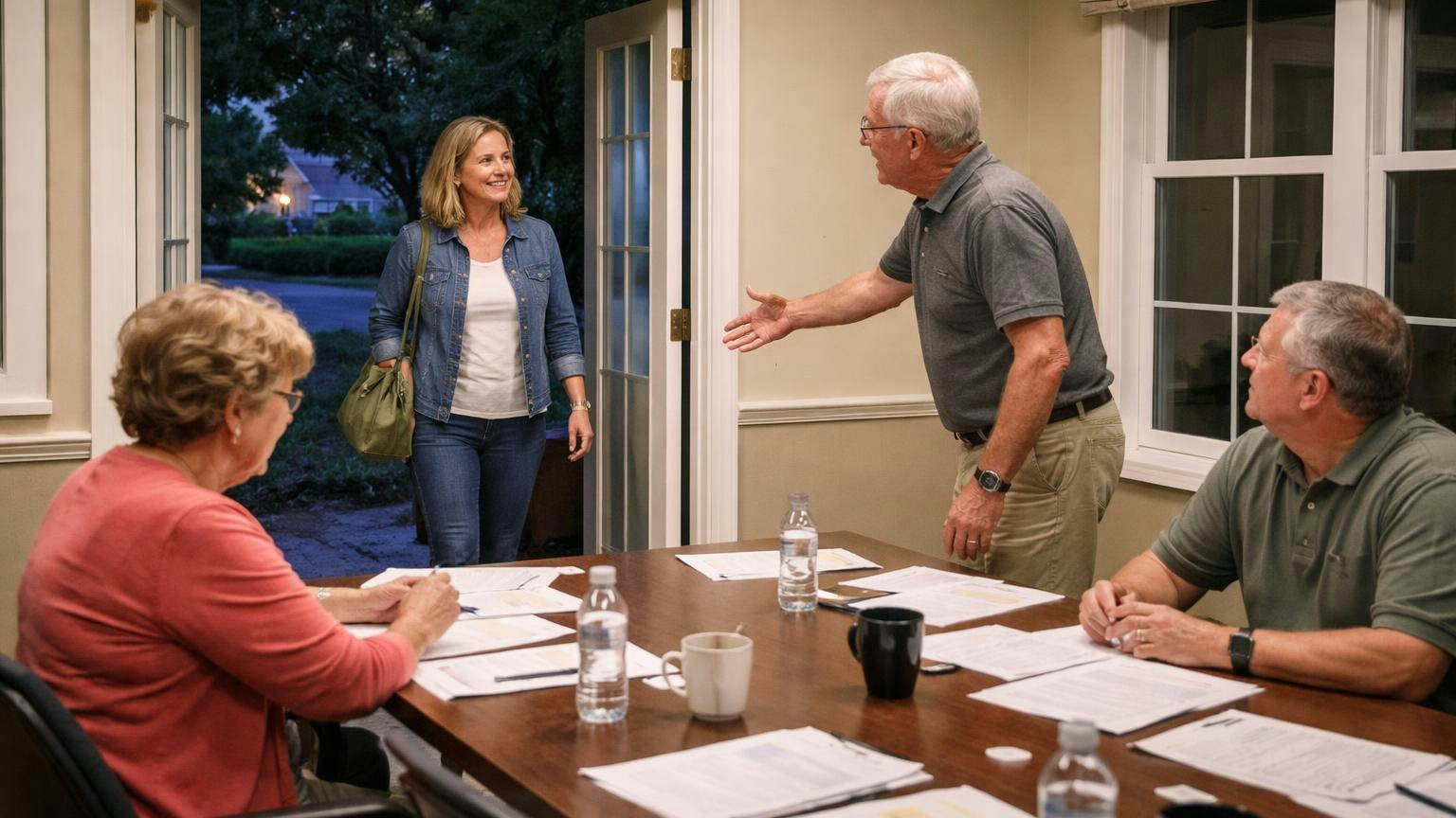 A homeowner at the open doorway of a small clubhouse meeting room on a weeknight as a board member rises to greet her and three directors look up