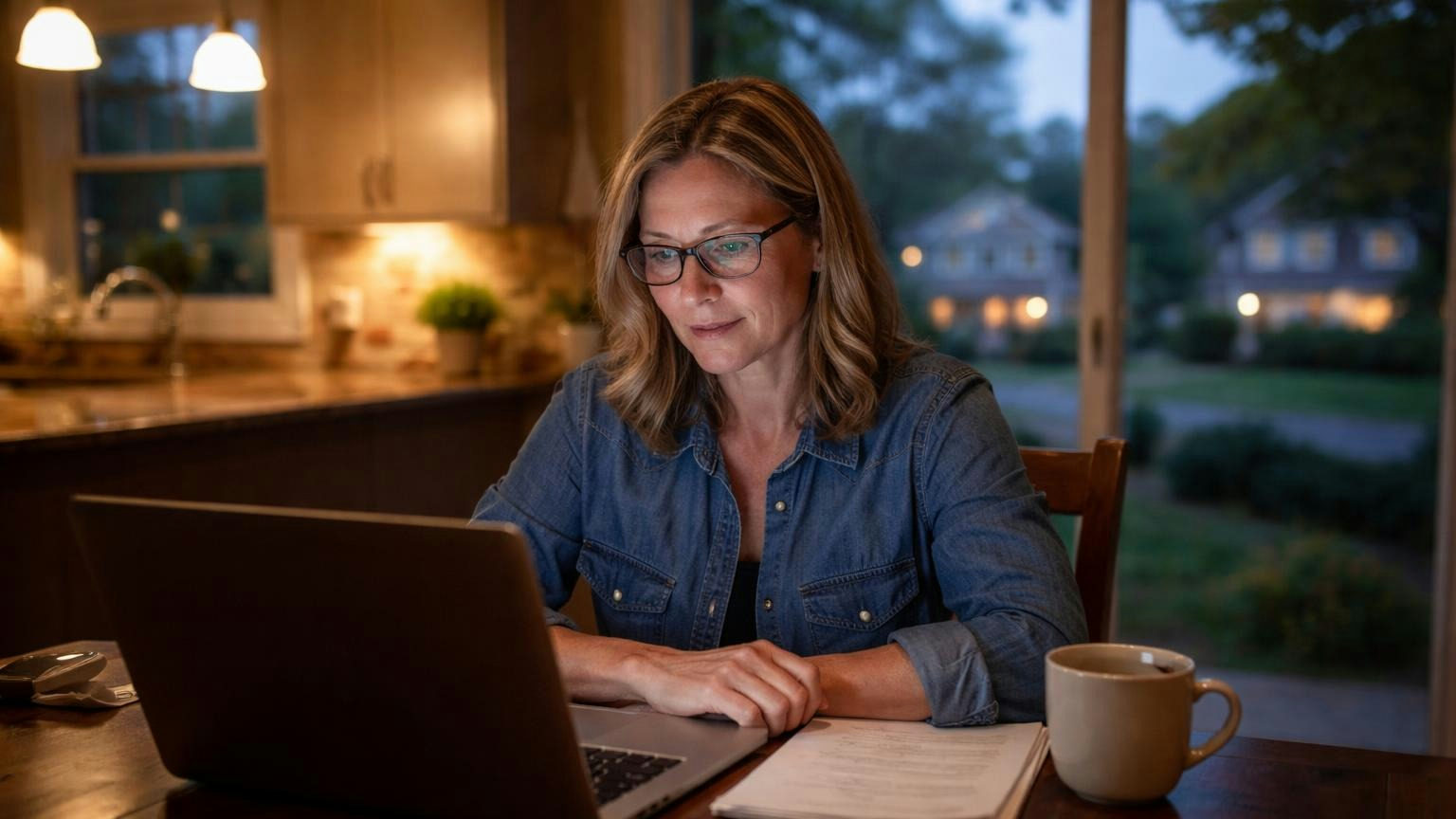 **A meeting can be a call.** Ohio lets a board meet by phone or video if every director can hear and answer every other in real time. A board member at her kitchen table on a weeknight video meeting, her laptop screen a soft glow, a mug and a notepad of loose pen strokes beside her