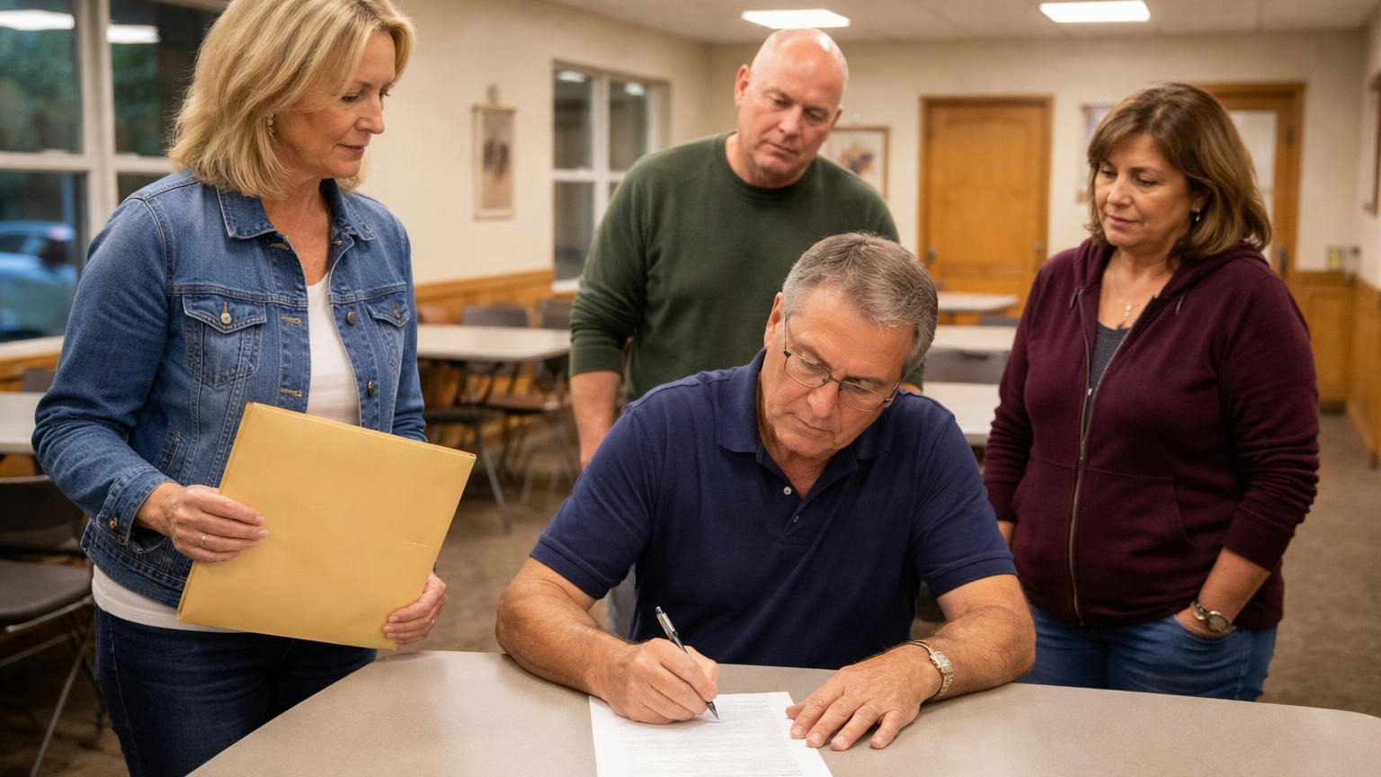 **A lien starts with a board vote.** The board authorizes it, the president signs it, and it takes effect when it is filed with the recorder. A board president signing a single sheet at a clubhouse folding table on a weeknight while the secretary holds a manila envelope ready, two other directors watching