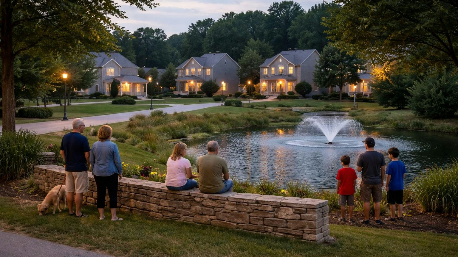 **Lots, dues and something shared.** That is what makes an Ohio neighborhood a planned community under Chapter 5312. A subdivision entrance at dusk, a plain stone wall with no lettering beside a small retention pond and fountain, single-family homes on their own lots along the curving street beyond
