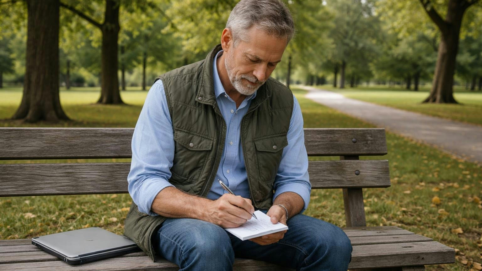 **A morning's work.** Insurance, the recorder, the reserves and the fine letter: four checks a board can finish this week. A board member on a park bench under oak trees on a weekday morning, a closed laptop beside him, ticking empty boxes on a small blank card with a pen