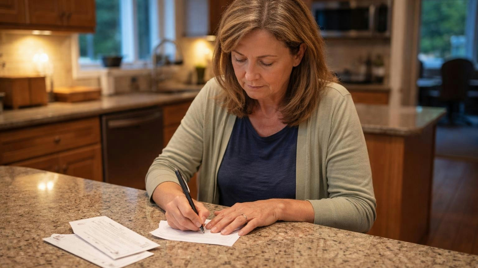 **Ten days to ask.** An owner who wants a hearing asks for it in writing within ten days of the notice, or the right is waived. A homeowner at her kitchen counter in the evening writing a short reply by hand, an opened letter and a stamped envelope beside her