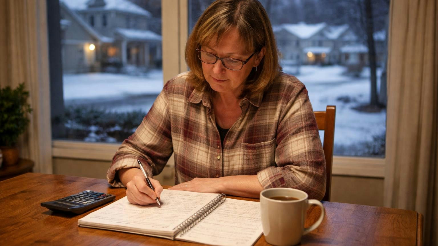 **Reserves are the default.** An Ohio budget carries reserves unless a majority of the voting power waives them in writing, every year. A treasurer at a dining table on a winter evening with a spiral notebook of loose pen strokes, a calculator and a mug of coffee beside it, snow on the window behind her