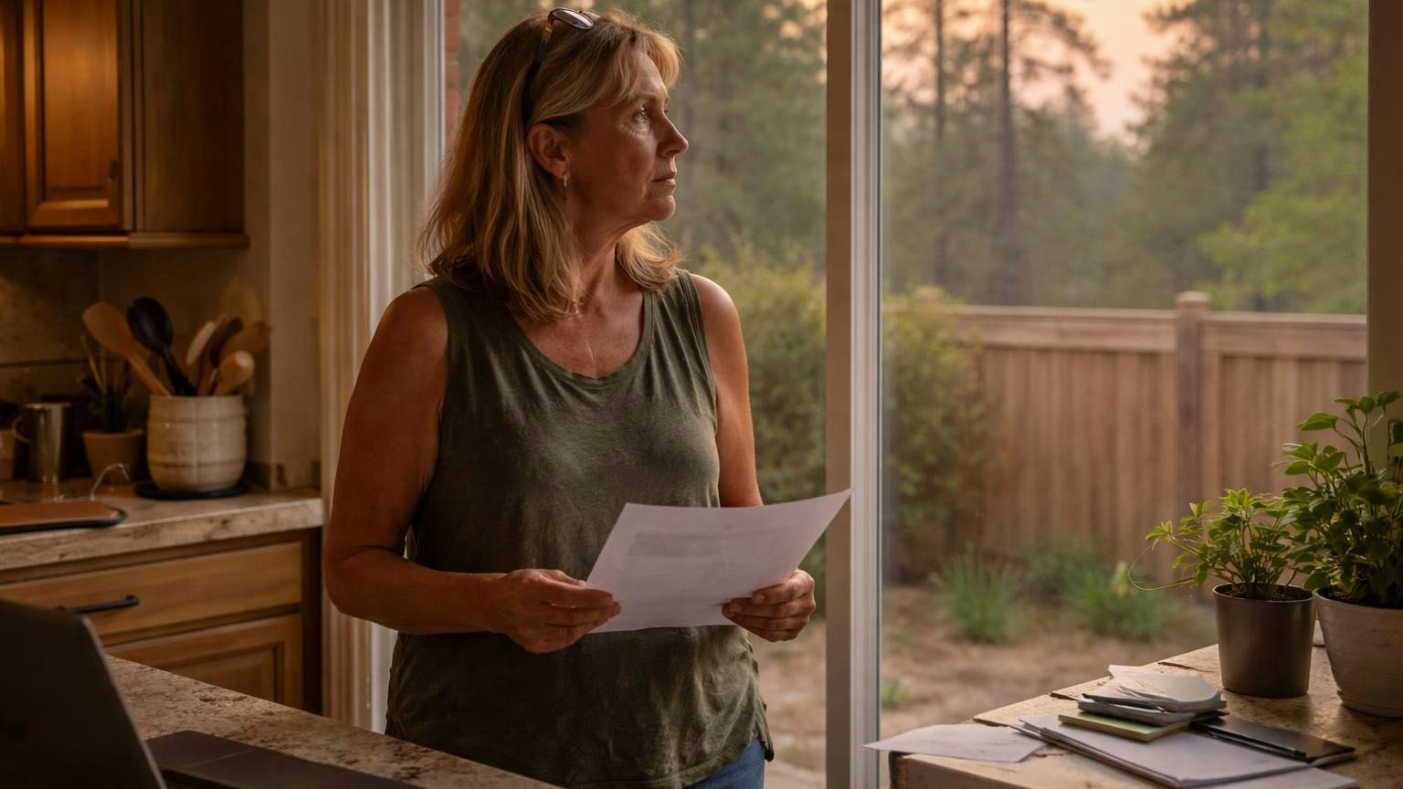 A woman in a central Oregon kitchen on a hazy evening, holding a sheet of paper and looking out at a cedar backyard fence, pine trees and a smoky orange sky beyond