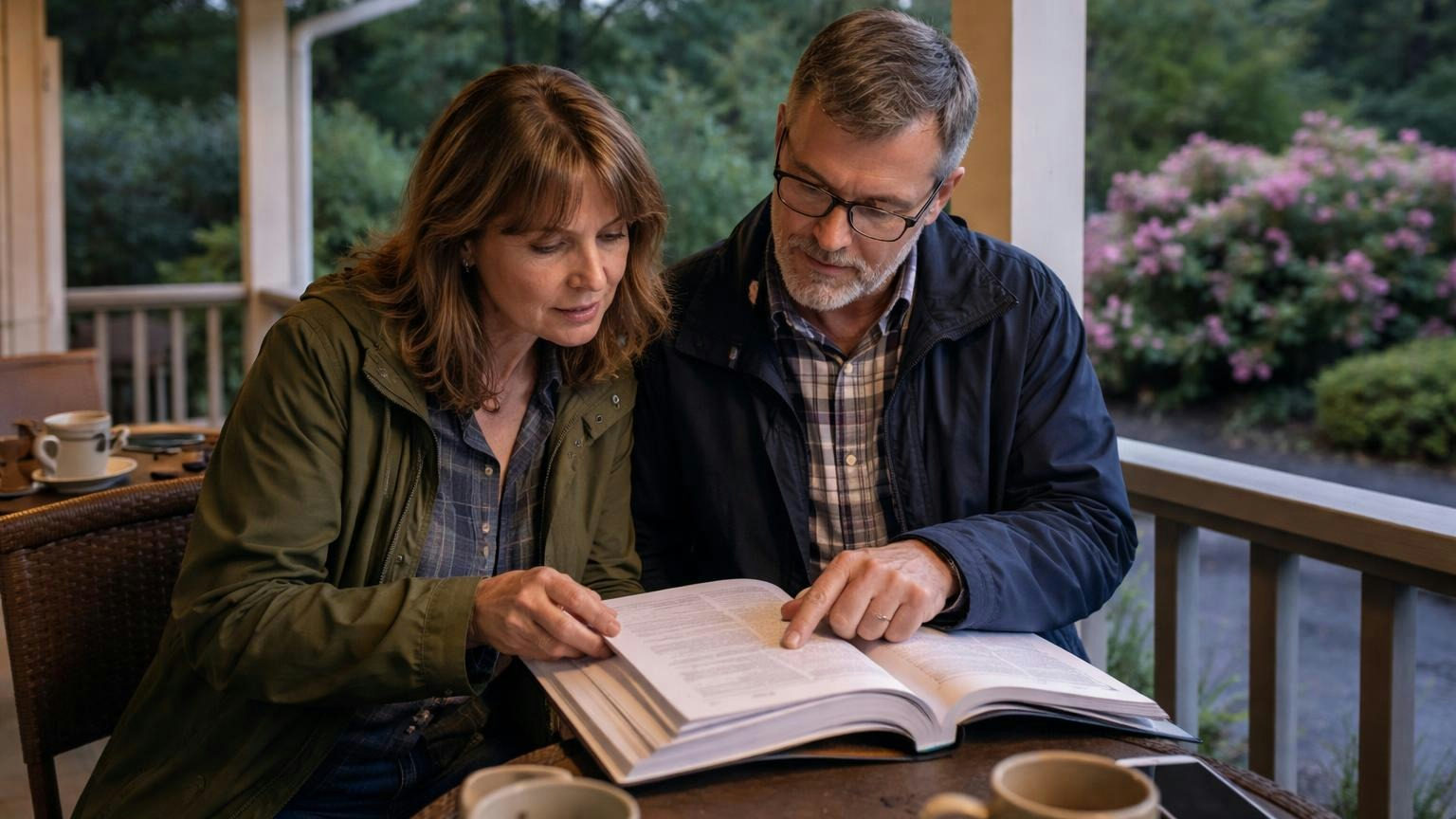 **Once a year.** The board reviews the association's insurance coverage at least annually. Two board members on a clubhouse porch at dusk reading a thick bound document together, one pointing at a page, pink rhododendrons in bloom beyond the railing