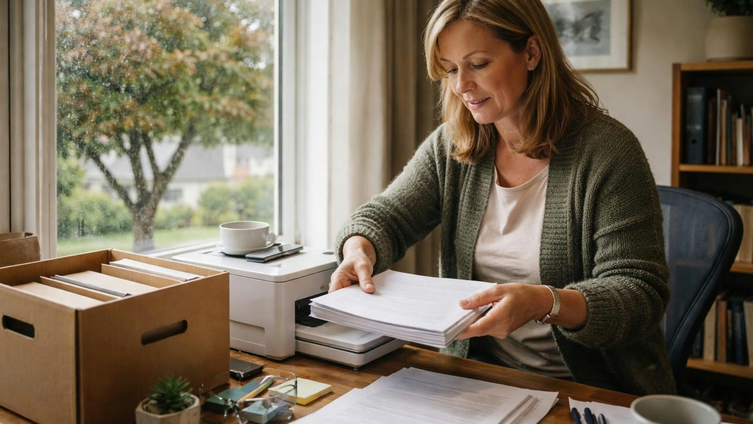 **Ten business days.** The governing documents, budget and reserve study go out on that clock once an owner asks in writing. A board secretary at a home office desk on a rainy Saturday morning lifting a stack of copies from a small printer, an open file box beside her and a tree outside