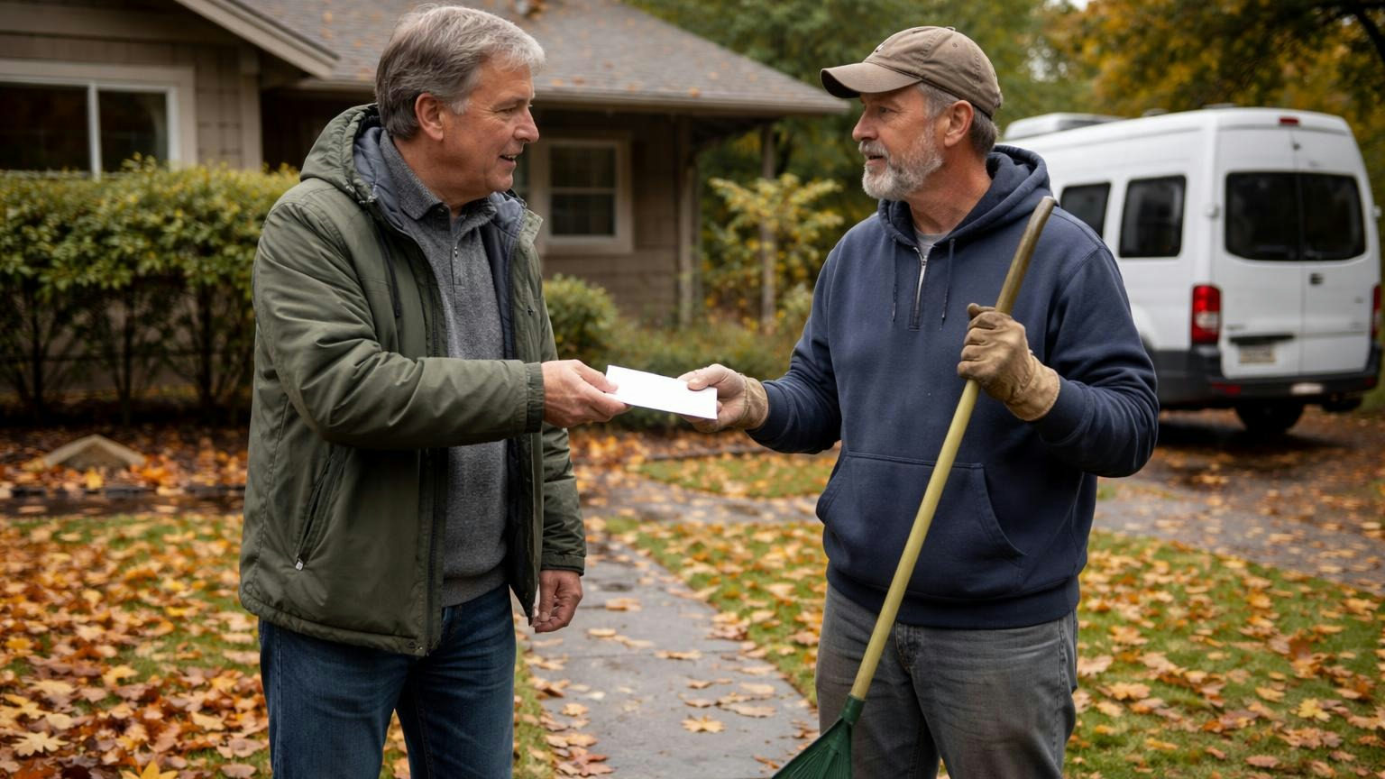 **On paper.** Oregon lets boards email most notices, but never one about an action against an owner. A board member handing a plain envelope to a homeowner holding a rake on an Oregon front walk on an autumn afternoon, wet leaves on the lawn and a white van behind