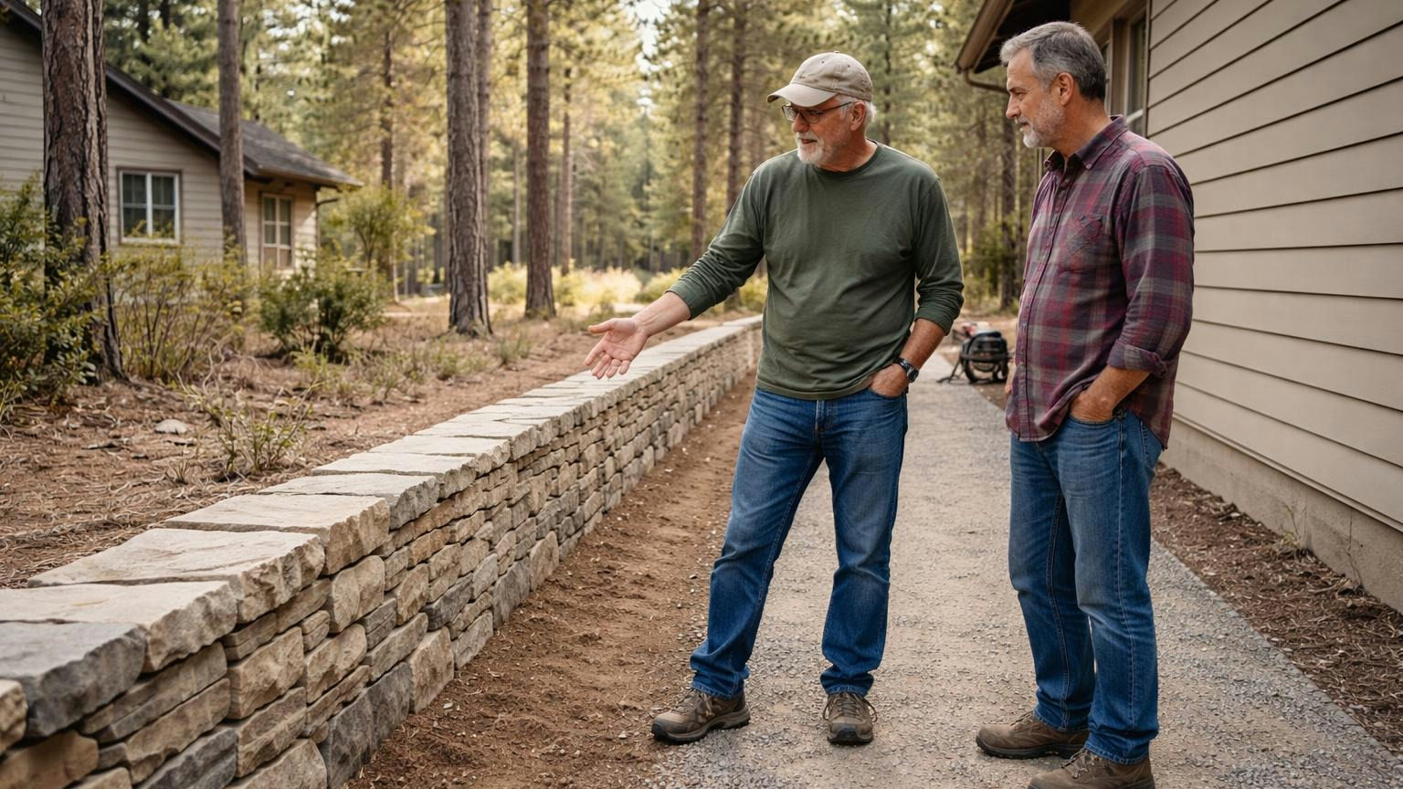 **Fire-hardened and approved.** The 2026 law turns a slow answer into a yes. Two neighbors beside a newly built low stone wall and a strip of gravel along a house in a central Oregon pine-forest subdivision, one gesturing toward the wall