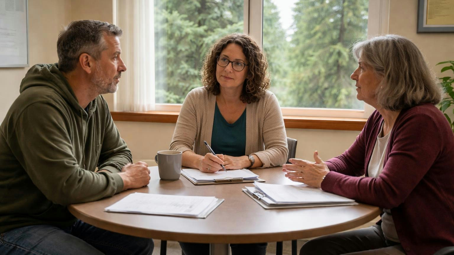 **Offer first.** Before an Oregon association sues an owner, it offers the county's dispute resolution program. A homeowner and a board member at a small round table in a quiet mediation room, a calm mediator between them listening, fir trees through the window behind