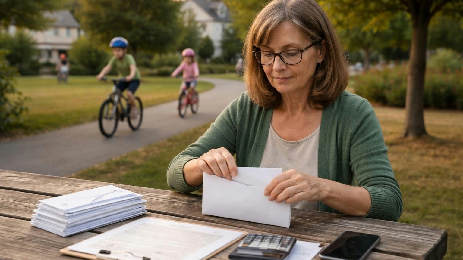 **Thirty days.** Once the budget is adopted, every owner gets a summary within a month. A board treasurer at a park picnic table on a mild evening sliding a sheet into a plain envelope beside a stack of others, children riding bikes on the path behind her