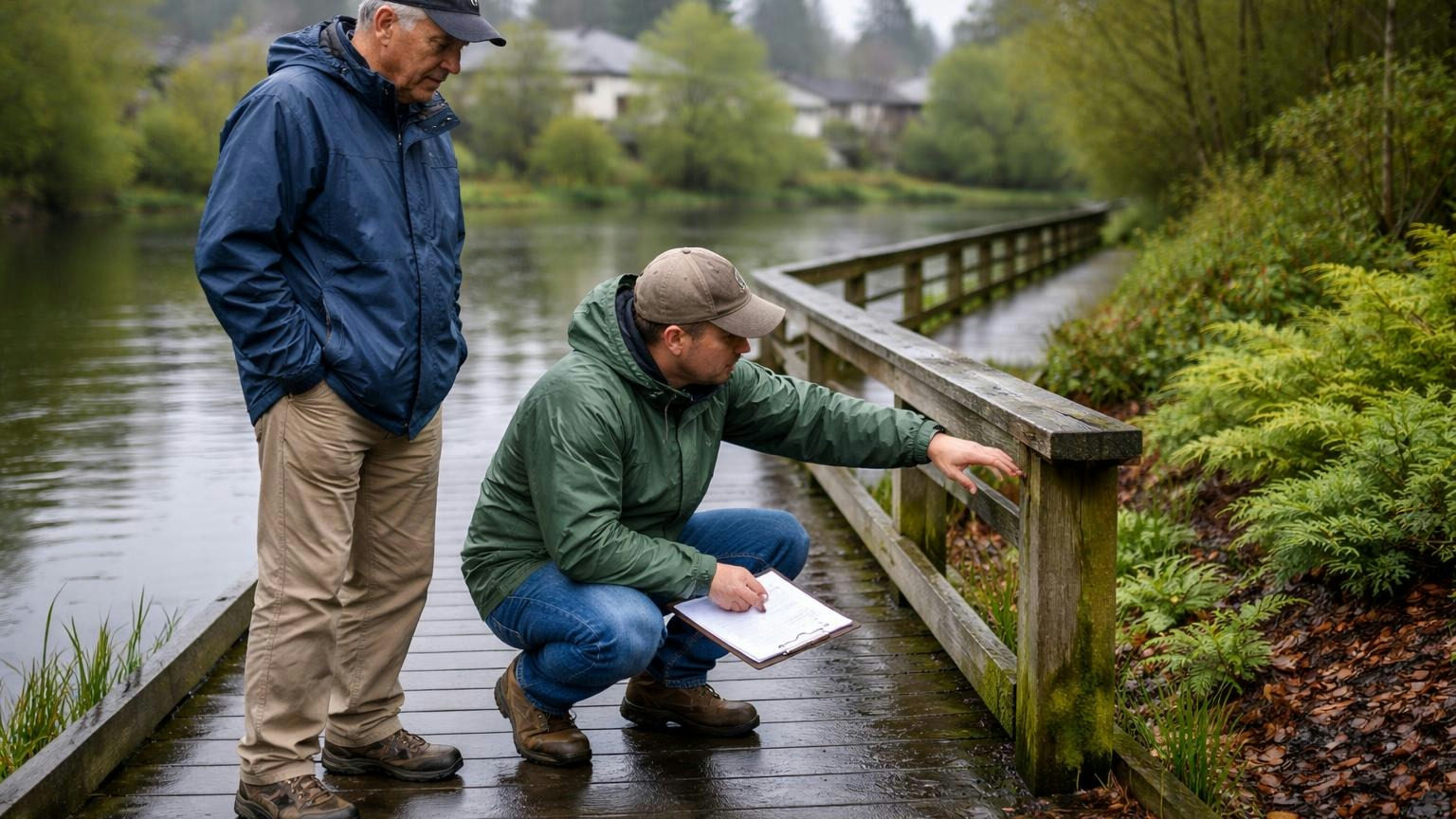 **Every year, not every five.** Oregon asks the board to determine its reserve needs annually, by study or update. A board member and a crouching contractor in rain jackets on a wet wooden walkway by a pond in western Oregon, the contractor pointing at a weathered railing post