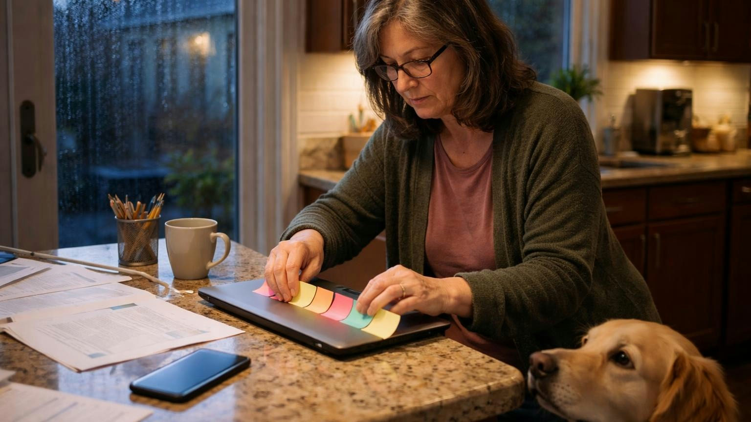 **One calendar.** Most of Oregon's act is a set of dates a board can write down once. A board president at a kitchen counter on a rainy winter evening pressing a row of blank coloured sticky notes along the edge of a closed laptop, a dog watching