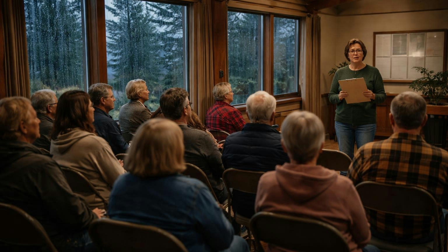 **Twenty percent.** The Oregon default quorum is a fifth of the votes, and the notice has to land 10 to 50 days ahead. Homeowners on folding chairs in a wood-beamed Oregon clubhouse on a rainy evening, listening to a board member who holds a plain clipboard, fir trees past the wet windows