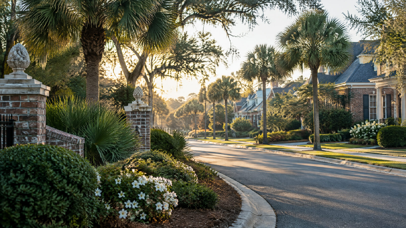 A South Carolina street lined with palmetto trees and brick homes