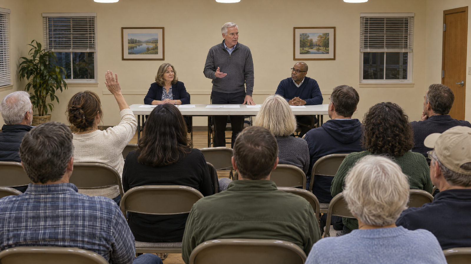 **The same legal bar, met as a matter of course.** A system that does not forget keeps every notice and budget vote on time. Homeowners in rows of folding chairs at a clubhouse meeting, facing the board at a table while one resident raises her hand