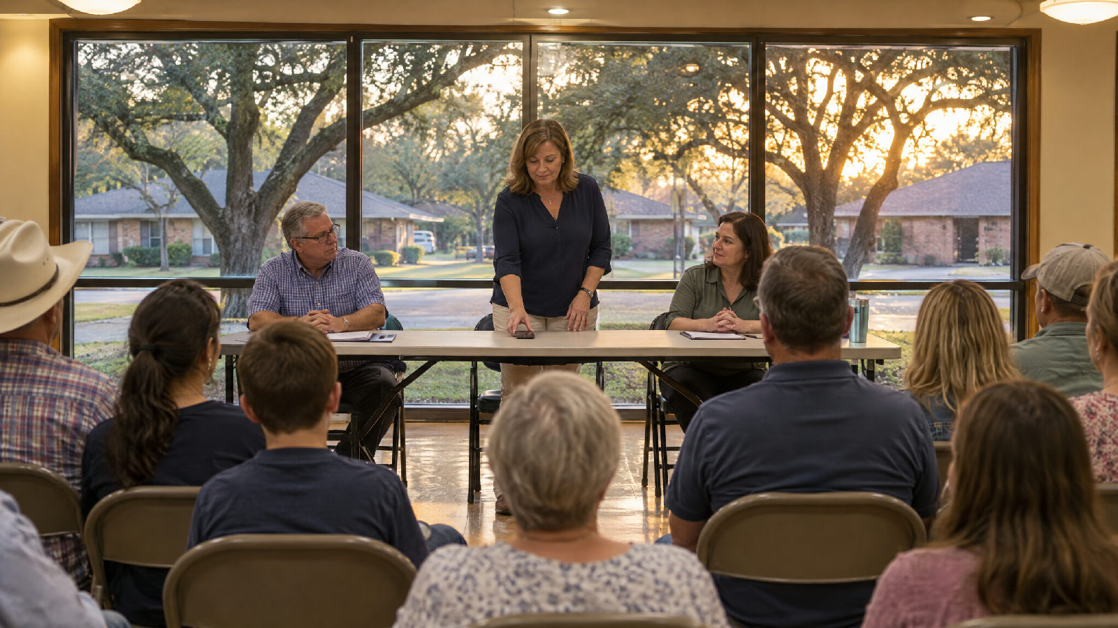 In a small Texas community center at dusk, a board president sets her phone face down on a folding table as neighbors take their seats in rows of chairs facing the board