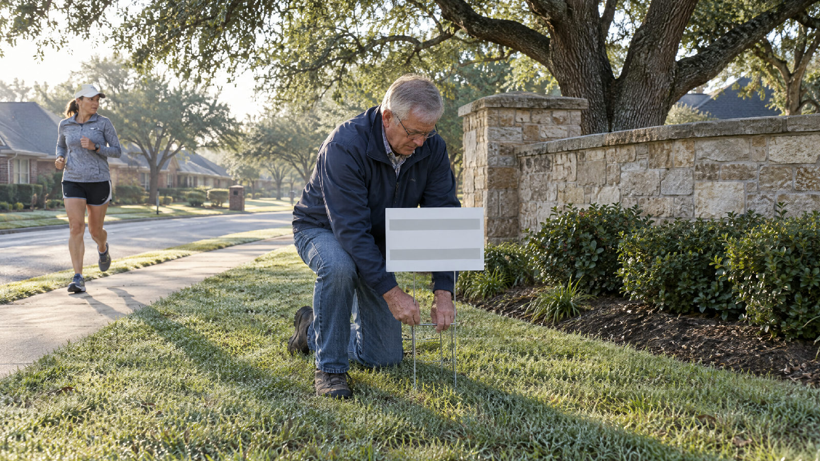 A board member pressing a notice sign into the grass beside the stone subdivision entrance under a live oak in the early morning, a neighbor jogging past