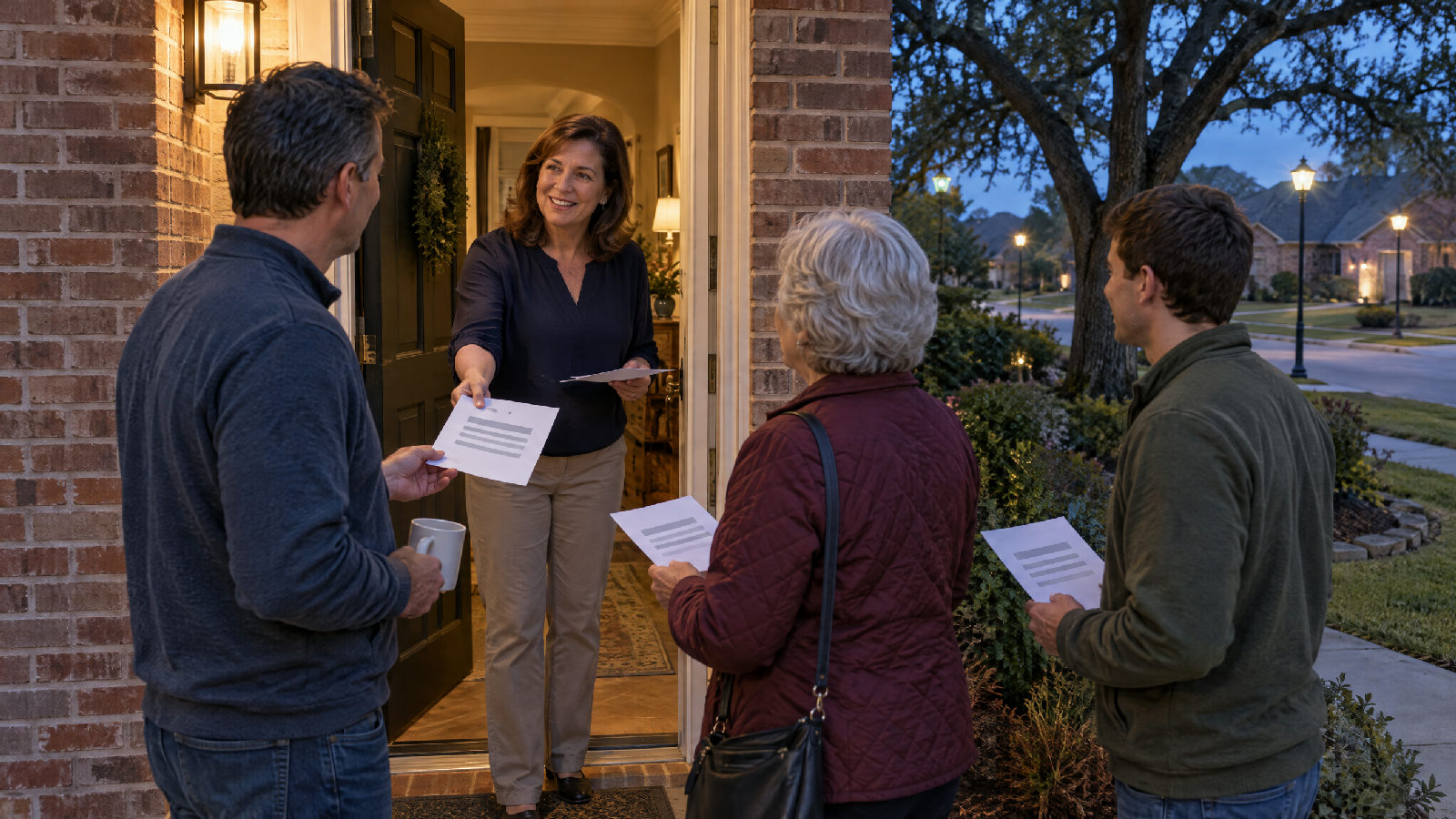 A board president at her front door under the porch light handing a single sheet to each of three directors as they arrive for an evening meeting