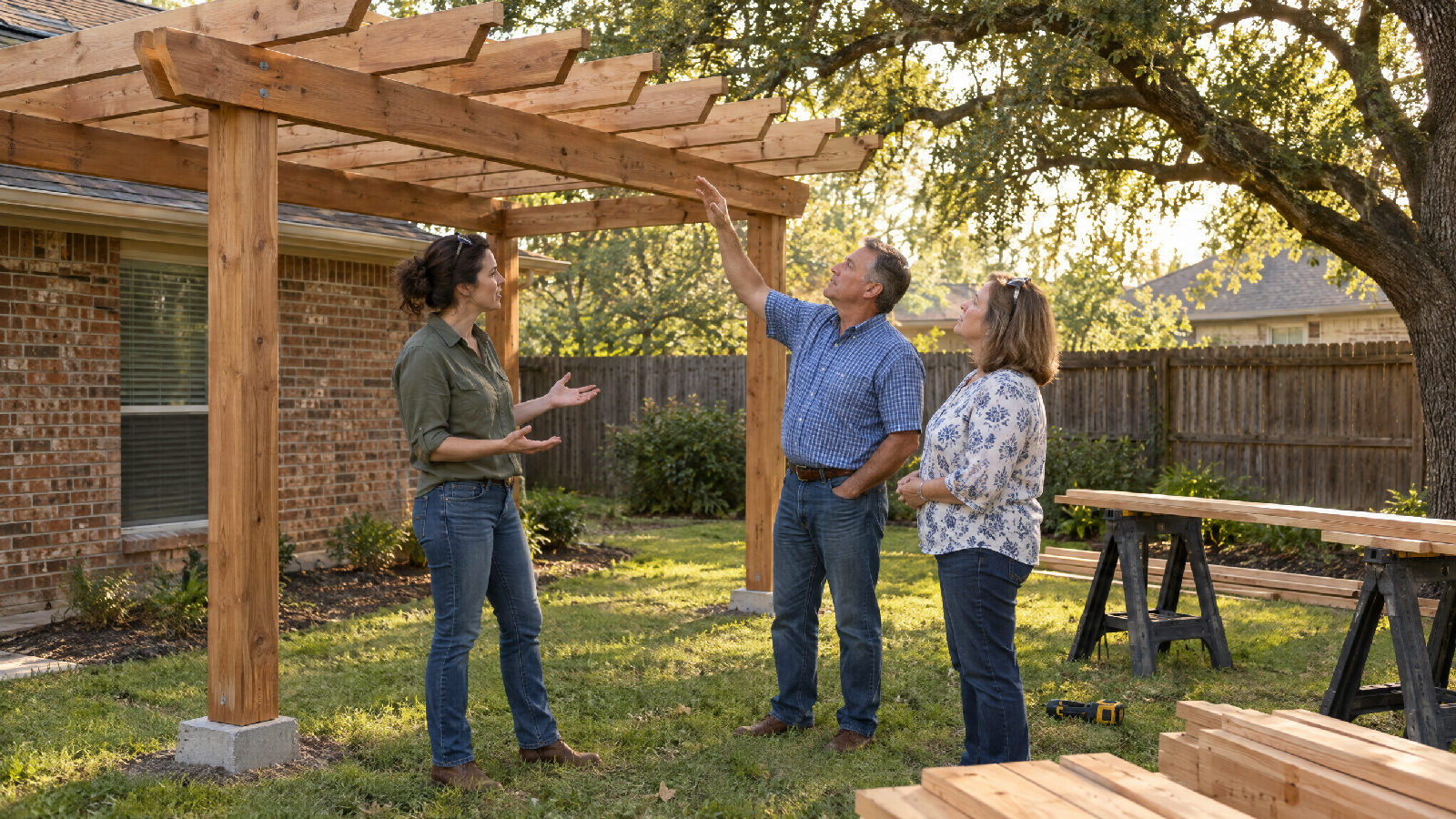 Two board members and a homeowner in her backyard beside a half-built cedar pergola in late afternoon, one board member gesturing toward its height while the homeowner explains
