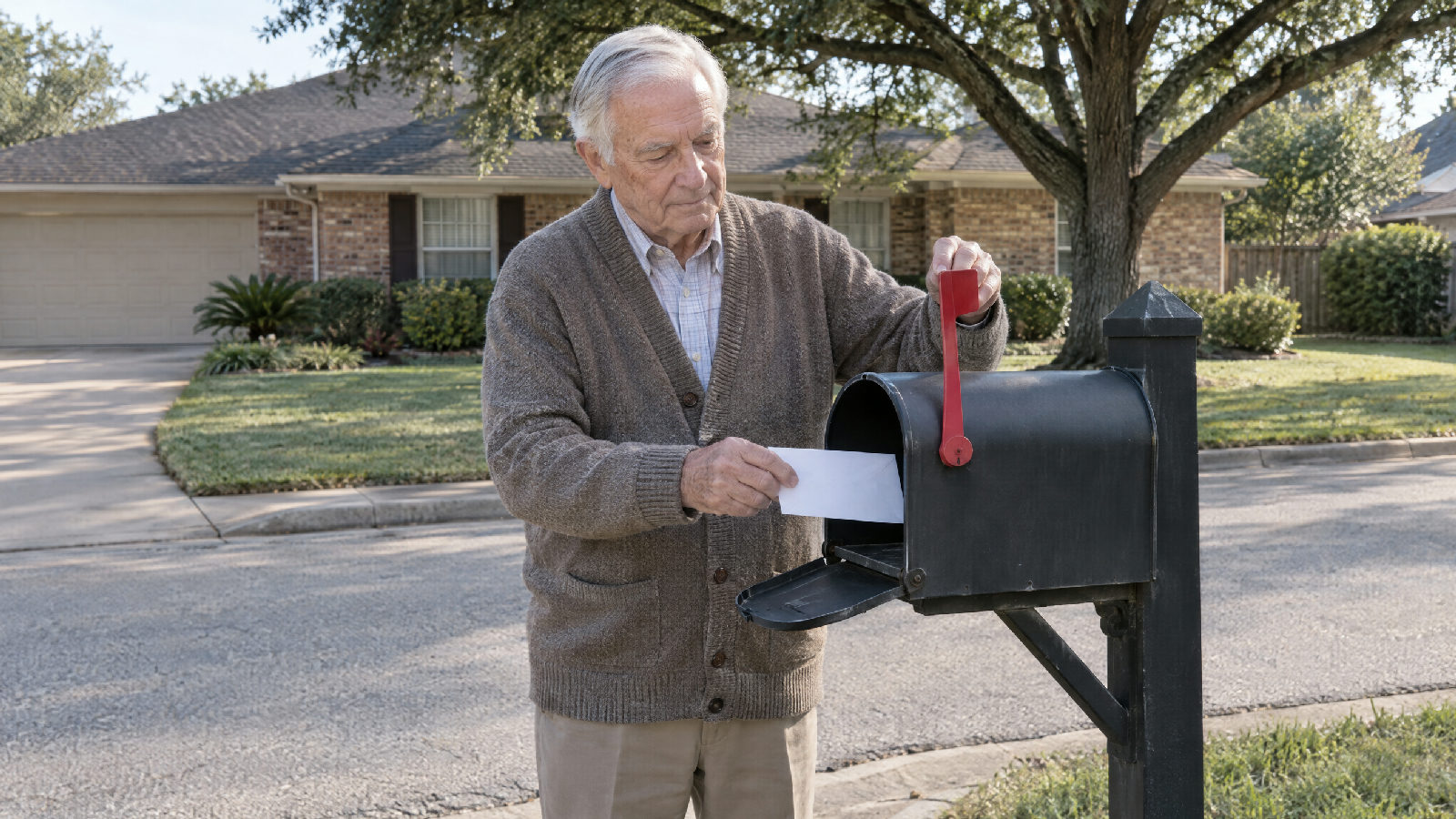 An older homeowner at the curbside mailbox at the end of his driveway in the morning, sliding a sealed ballot envelope inside and raising the flag