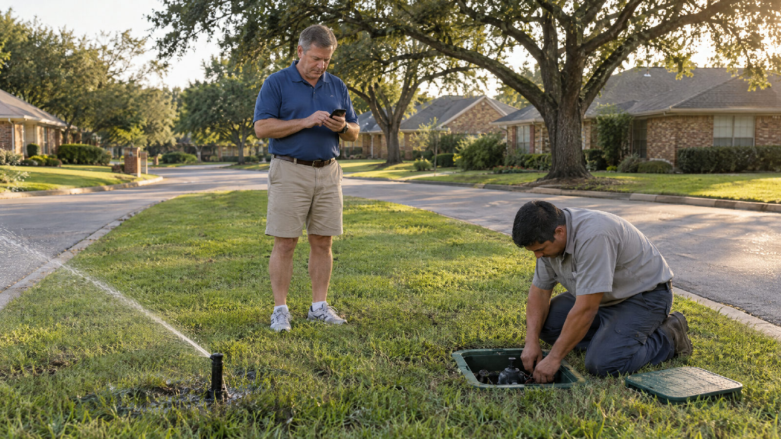 A board member typing a reply on his phone beside a broken sprinkler in a grassy subdivision median while an irrigation repairman kneels at the open valve box