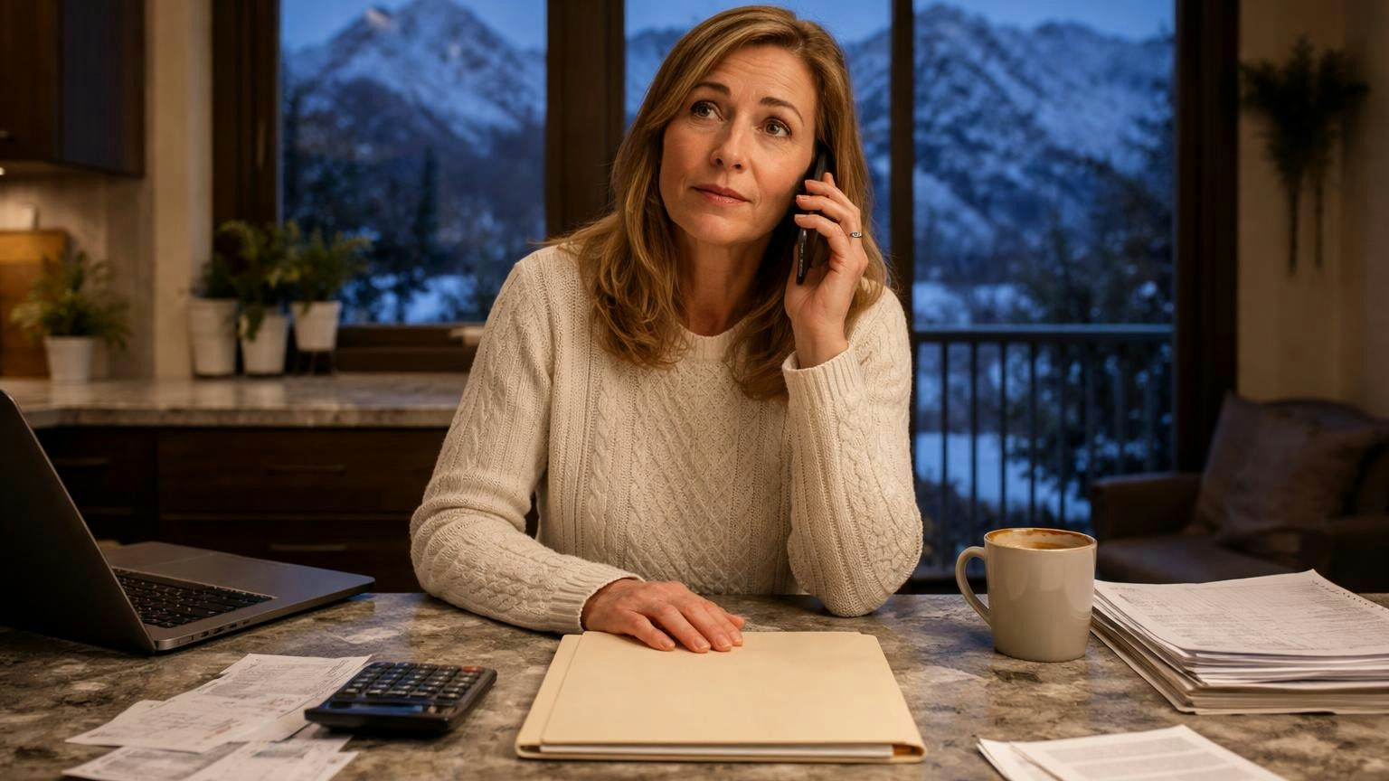 A volunteer treasurer at a kitchen island in a Utah home on a winter evening, phone pressed to her ear, a closed folder in front of her and snowy mountain peaks in the dark window behind