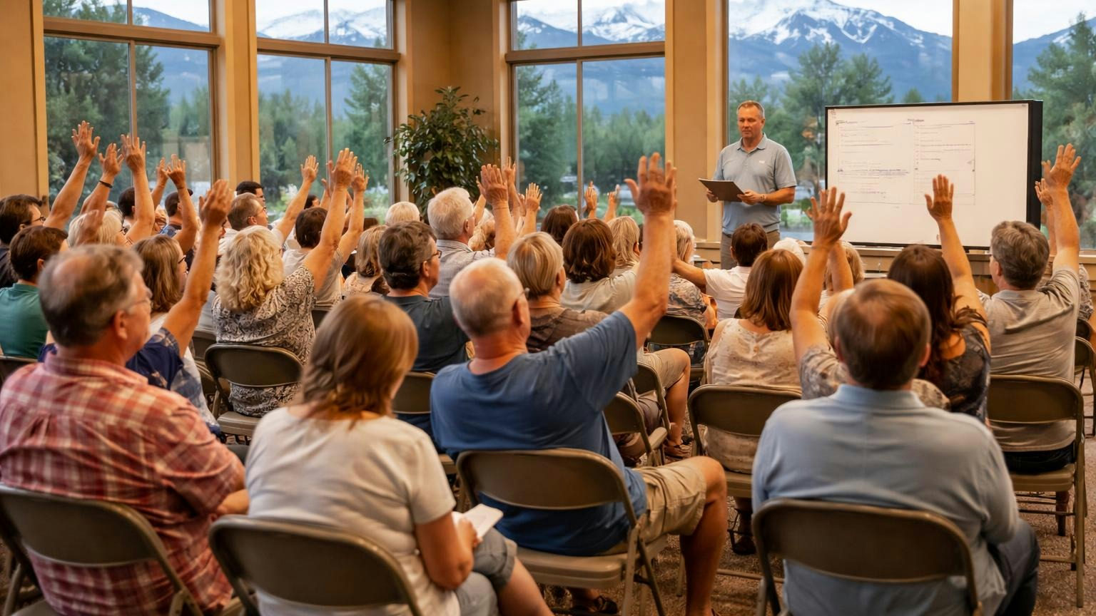 Homeowners of mixed ages in folding chairs at an annual members' meeting in a Utah clubhouse on a spring evening, several raising their hands to vote while a board member at the front counts, mountains through the windows