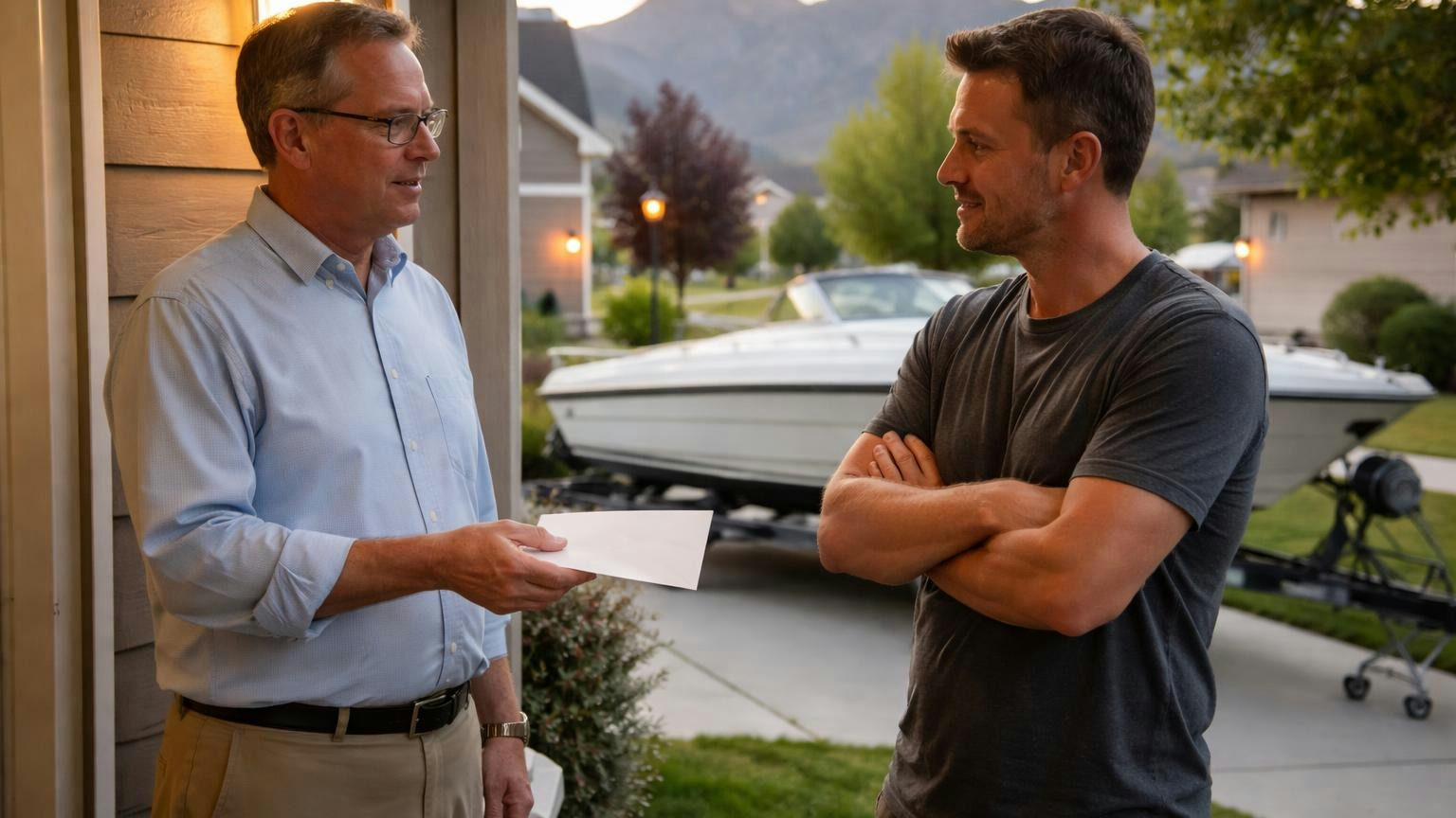 A board member standing at a homeowner's front porch in a Utah neighborhood on a warm evening, handing over a plain unmarked envelope while the homeowner listens with arms folded, a trailered boat with no lettering parked in the driveway behind them