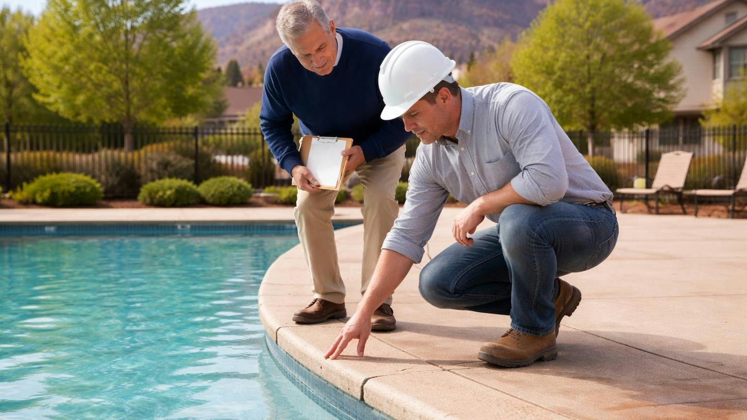 A board member and a contractor in a hard hat walking the edge of a community pool on a bright spring morning in a Utah subdivision, the contractor crouched to point at cracked coping, hard hat and clothing plain with no logos, red rock cliffs in the distance