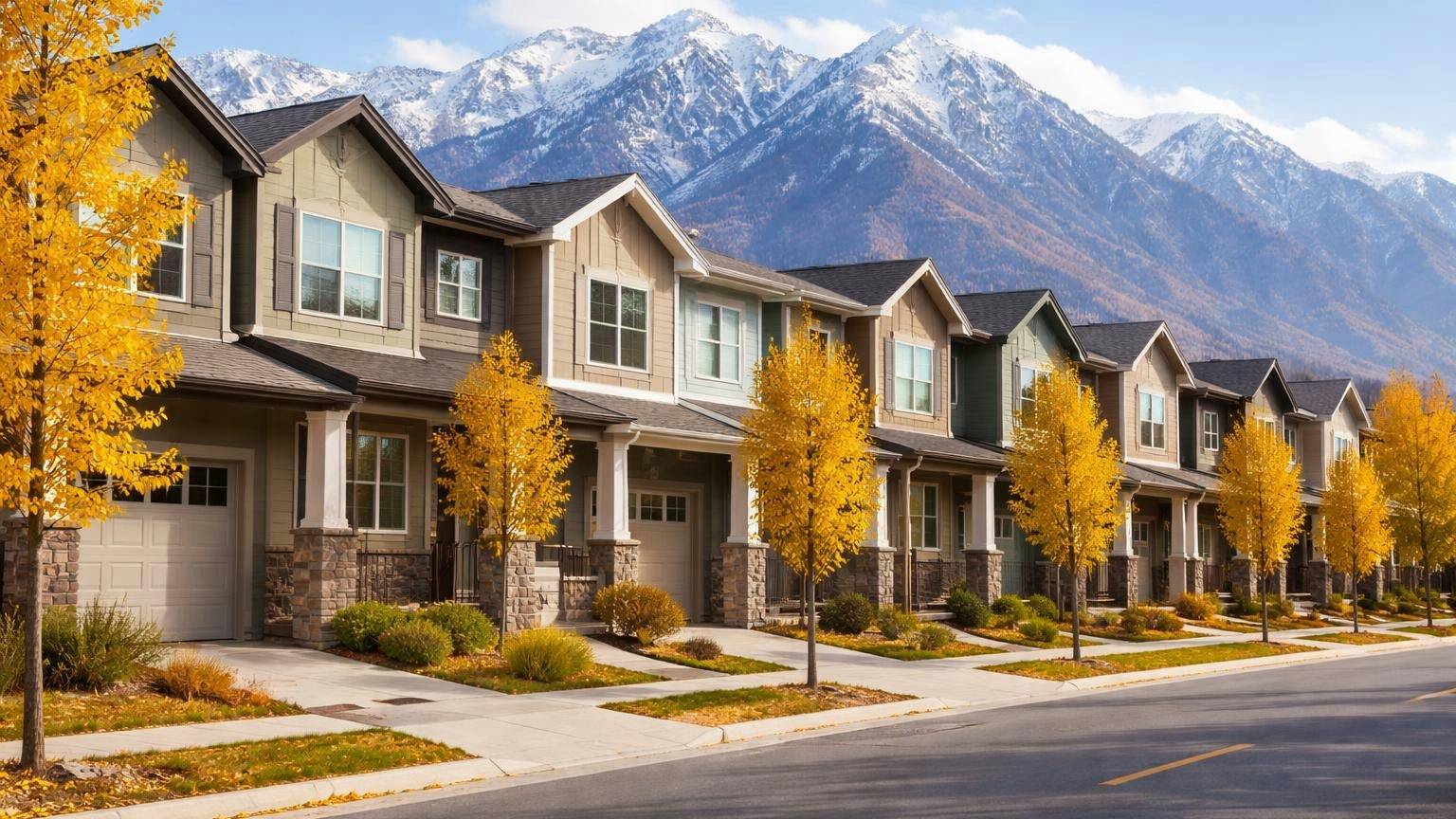 A row of newer two-story townhomes along a quiet Utah street on a clear autumn afternoon, the Wasatch mountains rising behind them with the first snow on the peaks, yellow leaves on young trees along the sidewalk