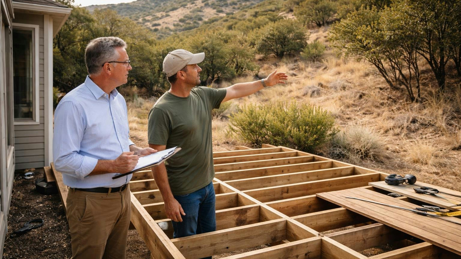 A board member and a homeowner standing beside a half-built backyard deck in a Utah foothill neighbourhood on a dry summer afternoon, the homeowner gesturing at the framing, scrub oak and a hillside behind them