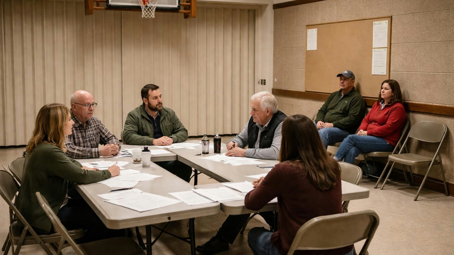 Five board members around folding tables in a small Utah church multipurpose room on a weeknight, two homeowners in fleece jackets listening from chairs along the wall, a basketball hoop folded up against the ceiling behind them, the papers on the tables showing only loose illegible pen strokes
