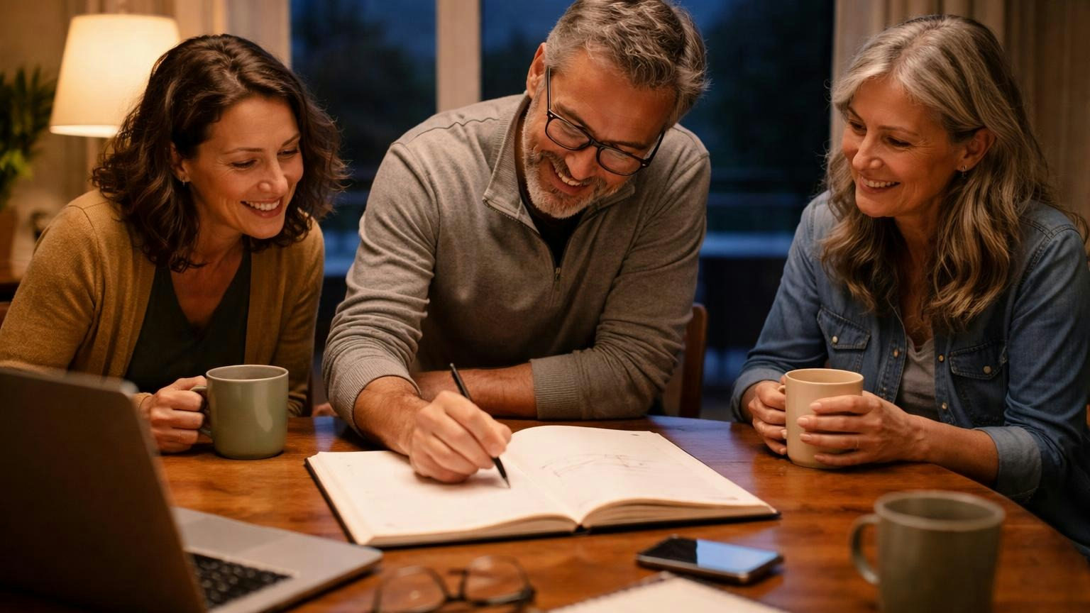 Three volunteer board members around a dining table in a Utah home on a weeknight, one drawing a pen stroke across a large open paper planner while the other two lean in, mugs of tea and a laptop turned away from the camera