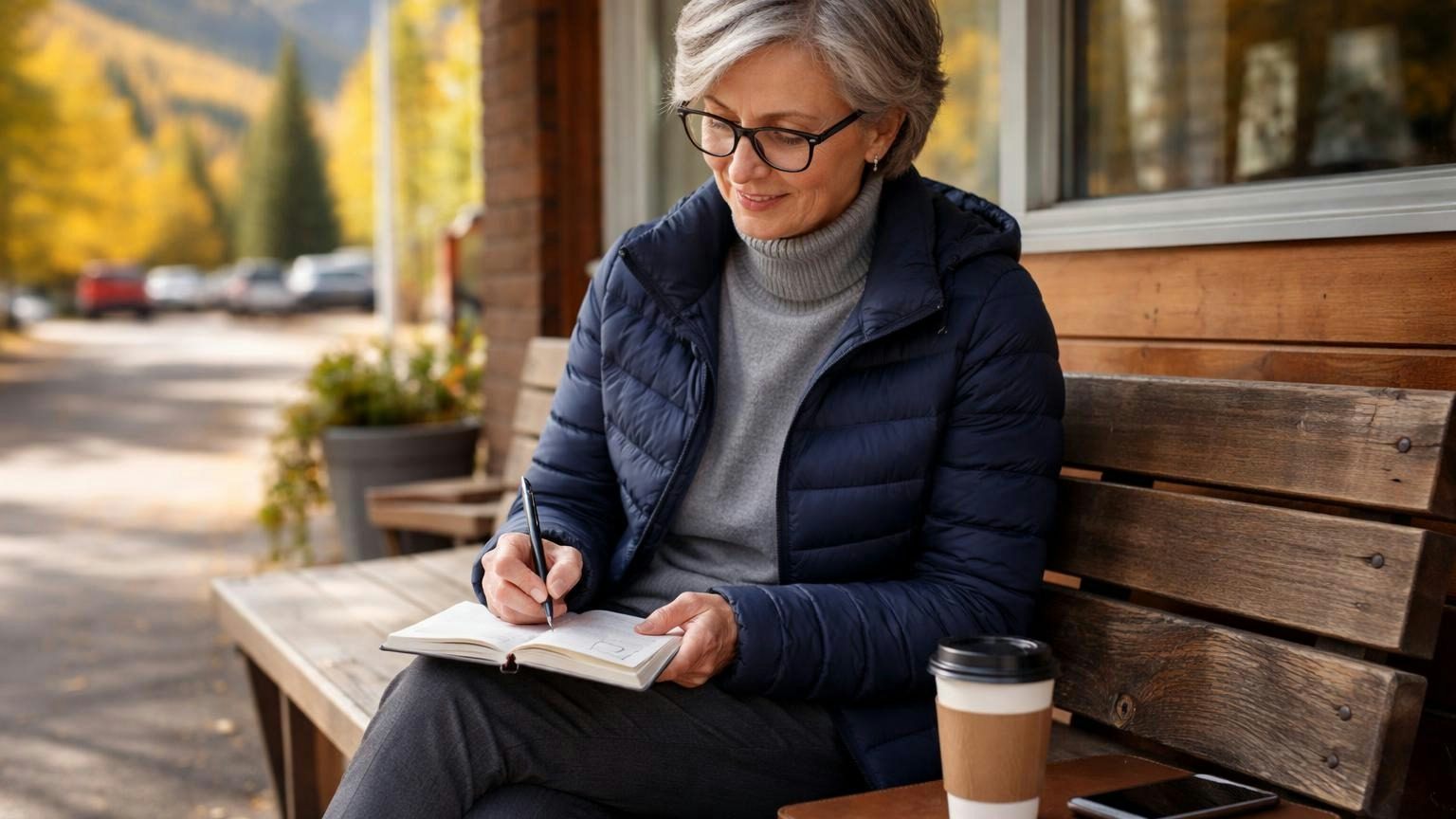 A board president on a bench outside a Utah ski-town coffee shop on a crisp morning, making a pen tick beside a short column of small empty squares drawn in loose illegible pen strokes in a small notebook, the shop's window and sign out of frame, mountains and aspen trees behind her
