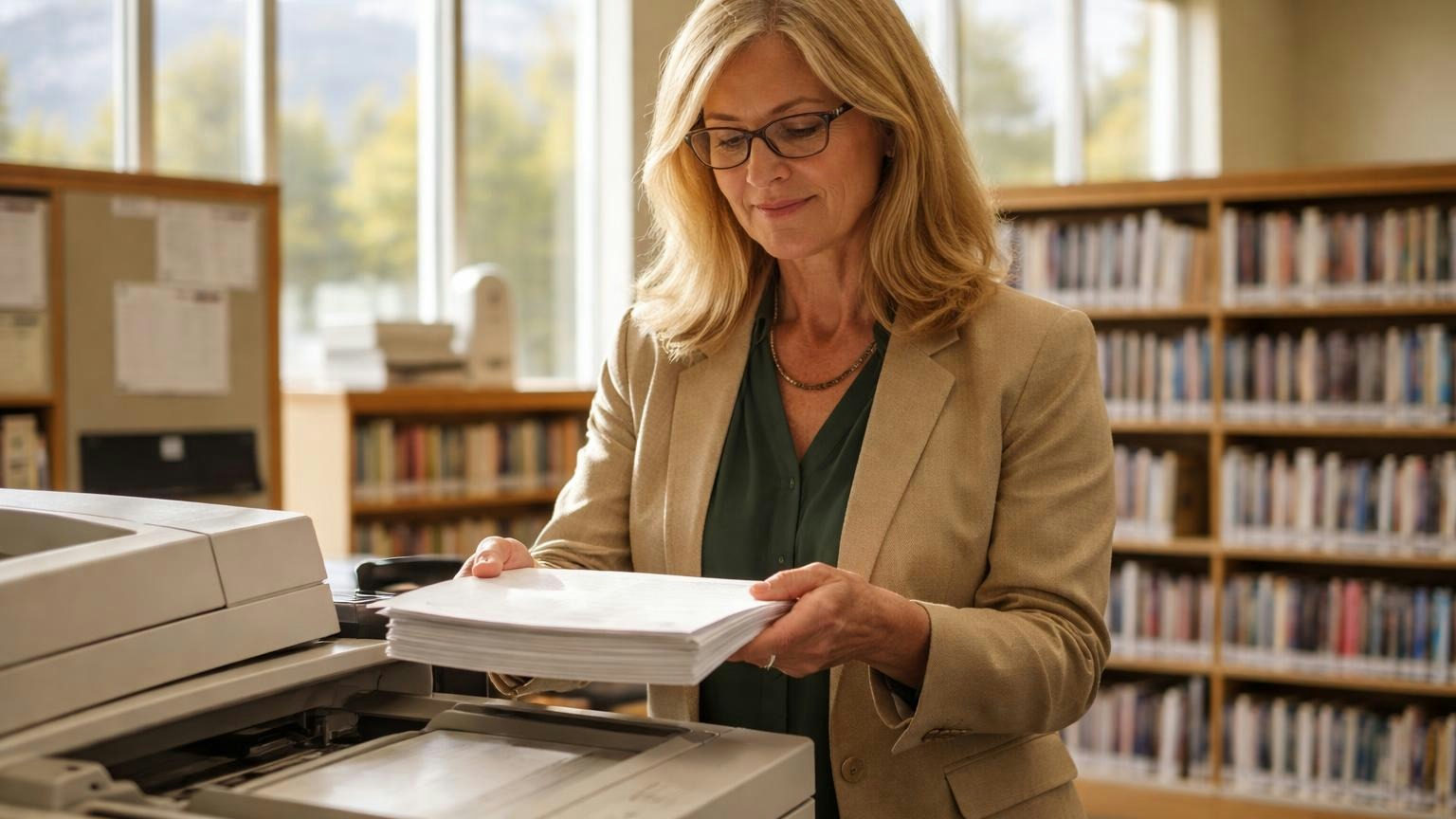 A board secretary at a self-service photocopier in a small Utah public library on a Saturday morning, lifting a short stack of warm copies from the tray, sunlight through tall windows, mountains faint outside