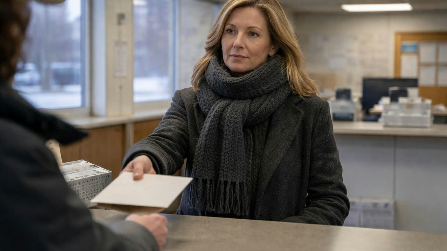 A board secretary at a post office counter in a small Utah town on a cold grey afternoon, sliding a single plain unmarked envelope across to the clerk, a wool scarf around her neck, no signs or lettering in view
