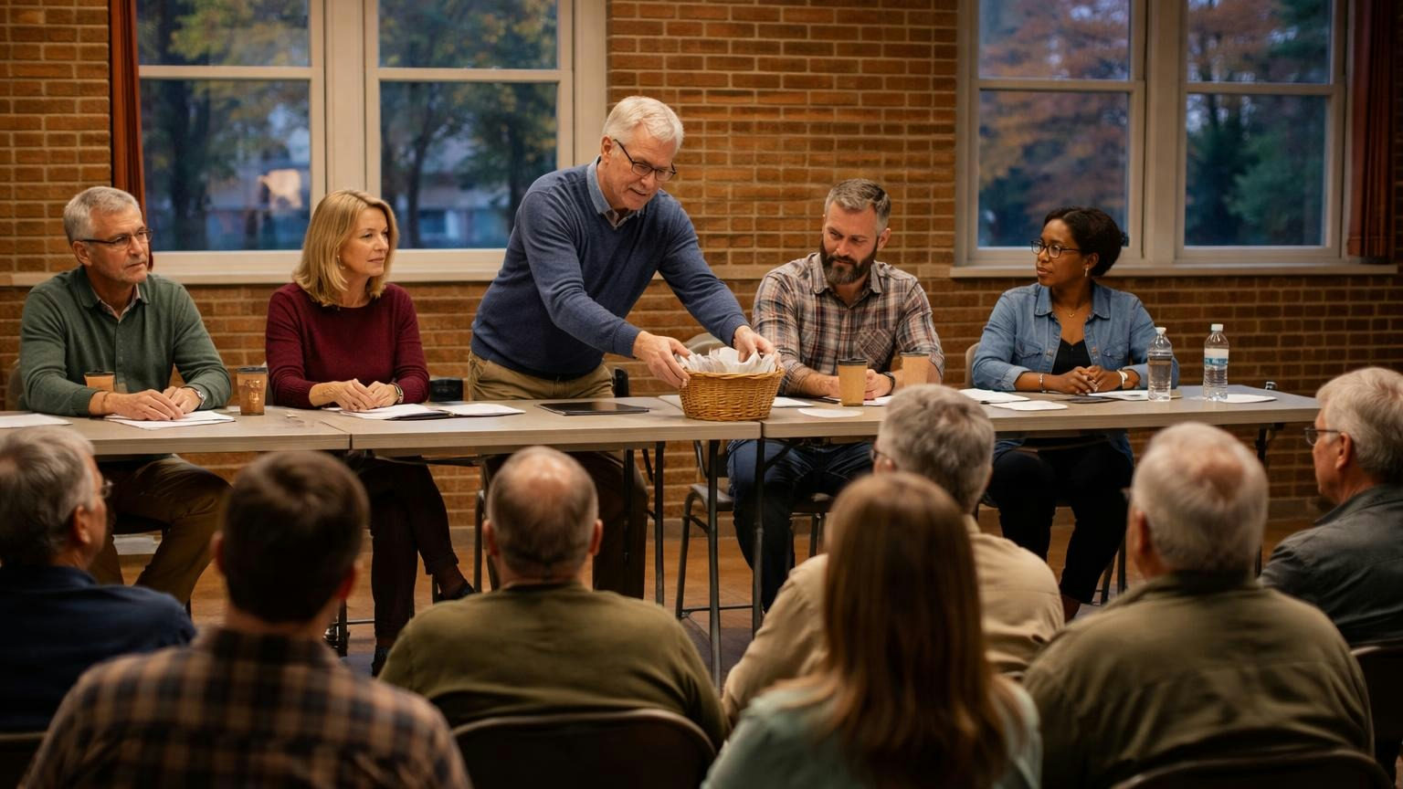 Five volunteer board members at a long folding table in a brick-walled community center on a weekday evening, the president passing a small basket of folded paper slips while neighbors watch from rows of chairs