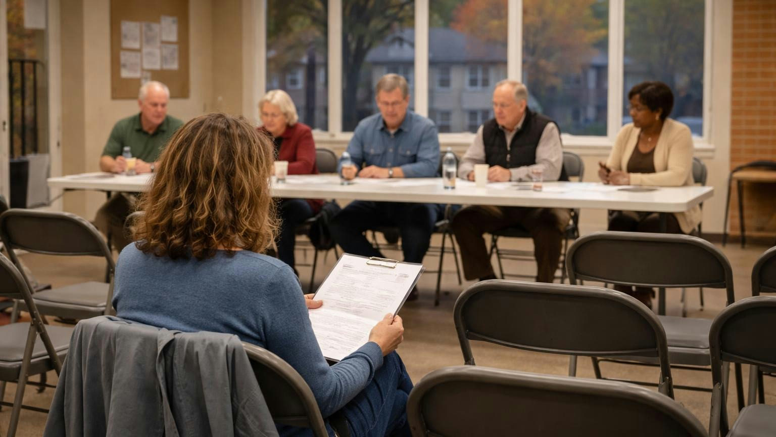 **The same packet, at the same time.** Members may attend any open board meeting and see the agenda packet when the board does. A homeowner in a folding chair at the back of a clubhouse meeting reading a stapled agenda packet in her lap, five board members at a table ahead of her