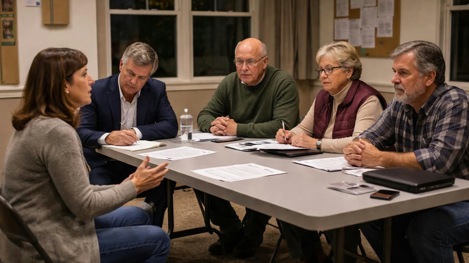 **A hearing before any fine.** The owner may be heard, with counsel if they choose, before a Virginia board can charge for a violation. A homeowner and her lawyer seated across a folding table from three board members in a small clubhouse meeting room in the evening, the homeowner speaking